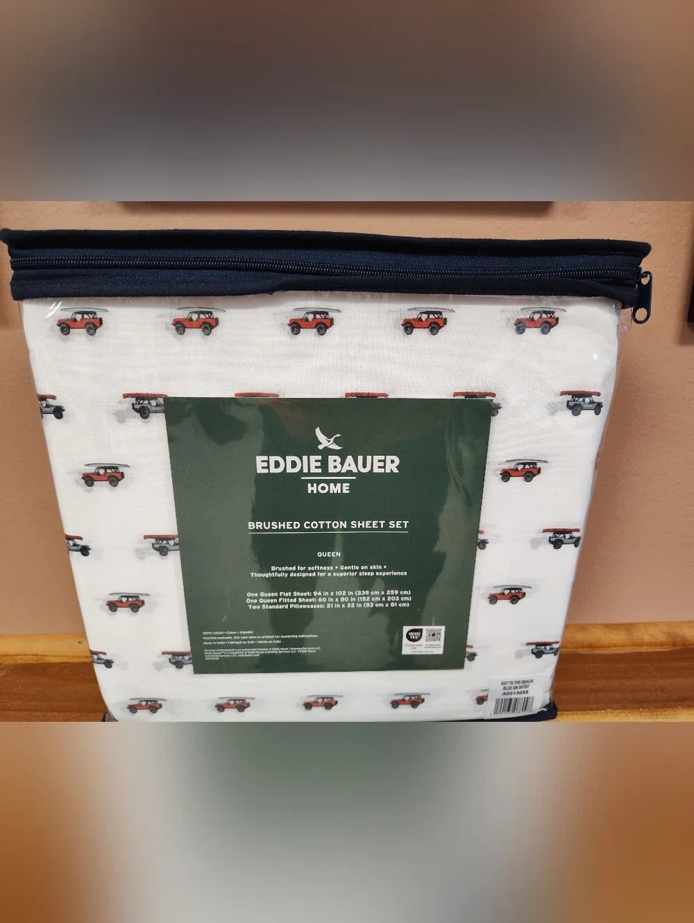 NWT! Eddie Bauer Brushed 100% Cotton Queen Size Sheet Set Jeep Surfboard Pattern